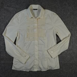 Akris Top Womens 6 Ruffle‎ Front Placed Scarf Button Up White Long Sleeve Office
